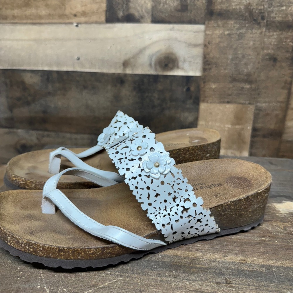 Sophia Milano White Leather Floral Thong Sandals Cork Platform Made in Italy